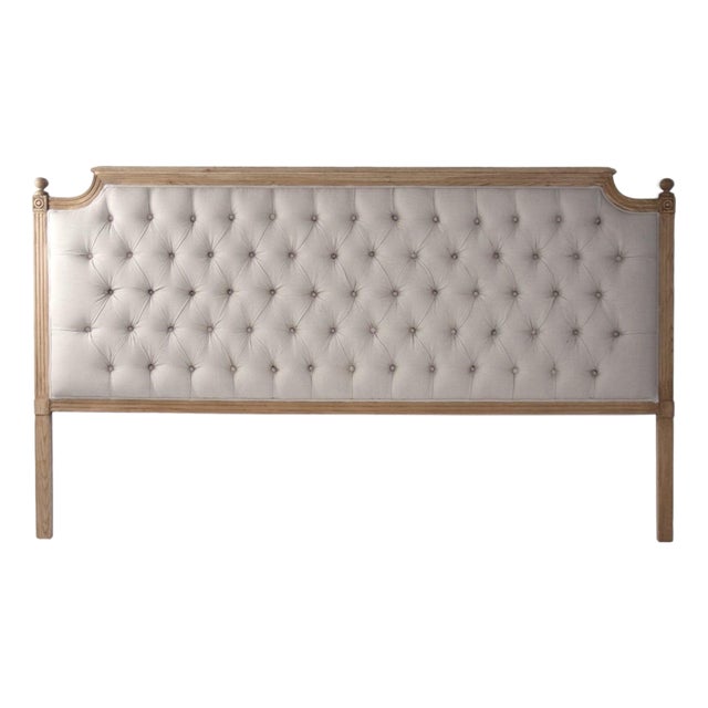 Louis Tufted Headboard, King in Natural Linen with Natural Oak Frame For Sale