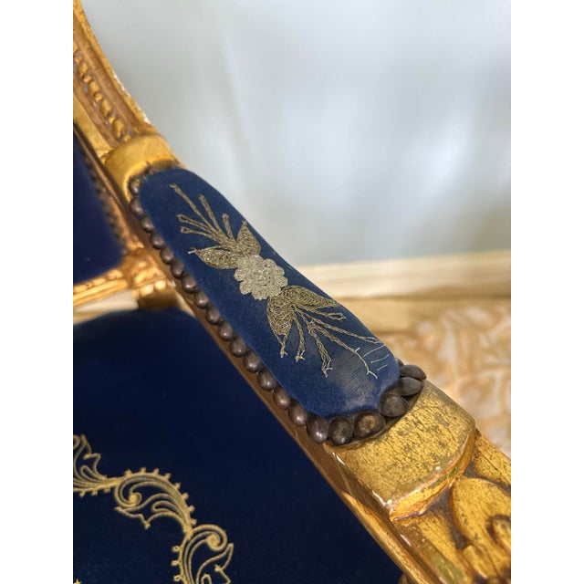 Mid 20th Century French Louis XVI Style Giltwood & Navy Embroidered Velvet Fauteuils- Pair For Sale - Image 4 of 18