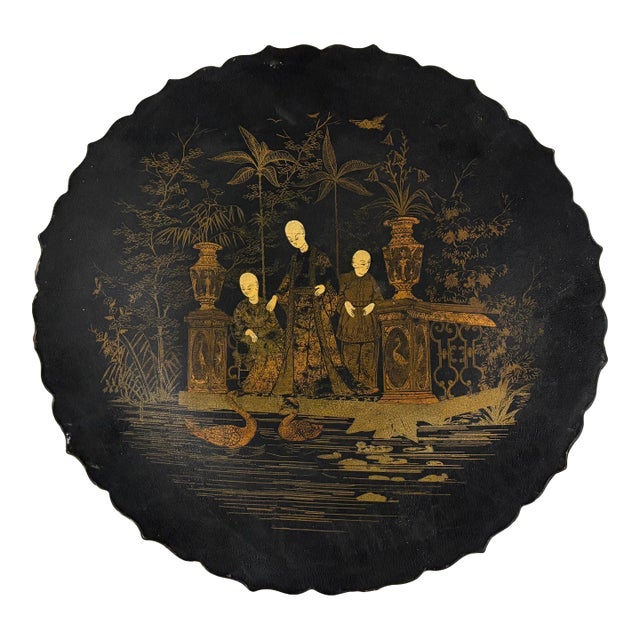 Antique English Chinoiserie Black Papier-Maché Scalloped Edge Pedestal Dish / Decorative Wall Plate For Sale