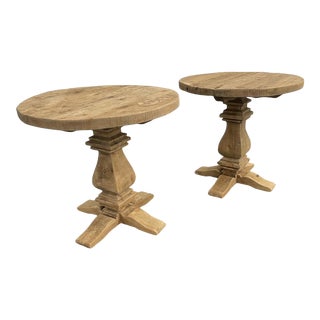Late 20th Century Pair Rustic Farm Round Oak End Tables For Sale