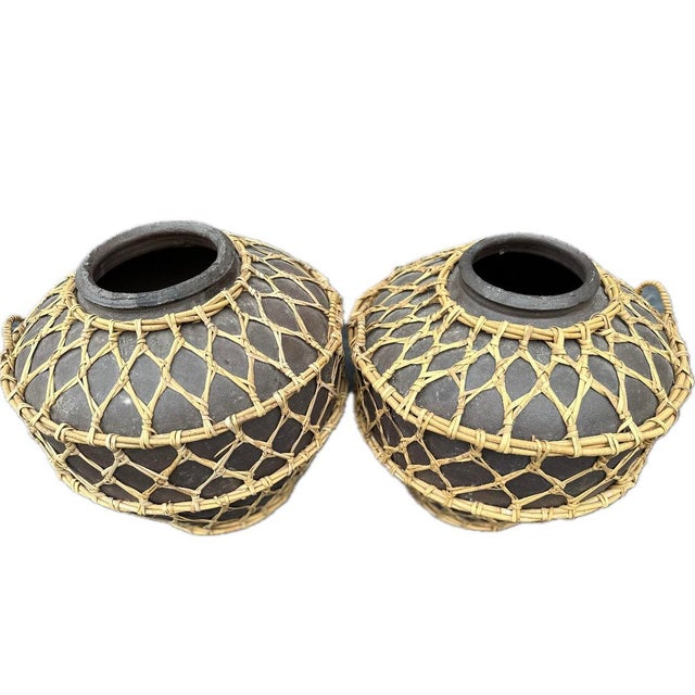 Vintage Large Rustic Terracotta and Bamboo/Wicker Bound Large Floor Pottery - A Pair For Sale In Miami - Image 6 of 9