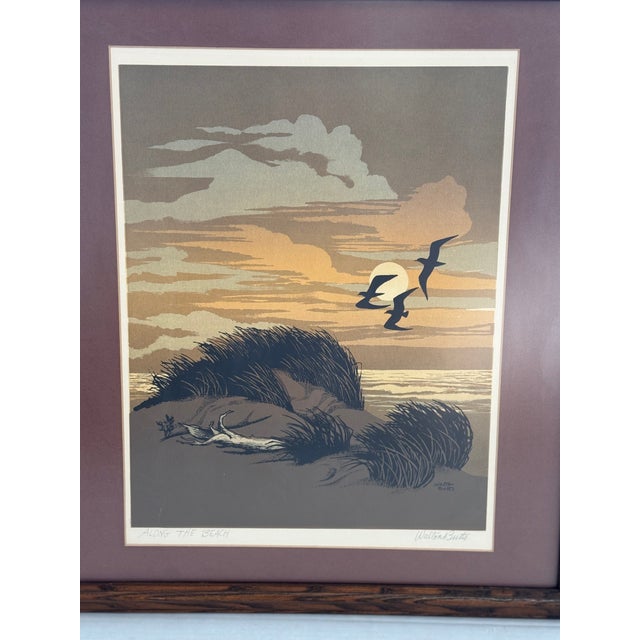 1970s Vintage Signed Framed Matted Mid Century Style Silkscreen or Serigraph Print "Along the Beach" by Walter Blount Coastal Scene With Birds For Sale - Image 5 of 9