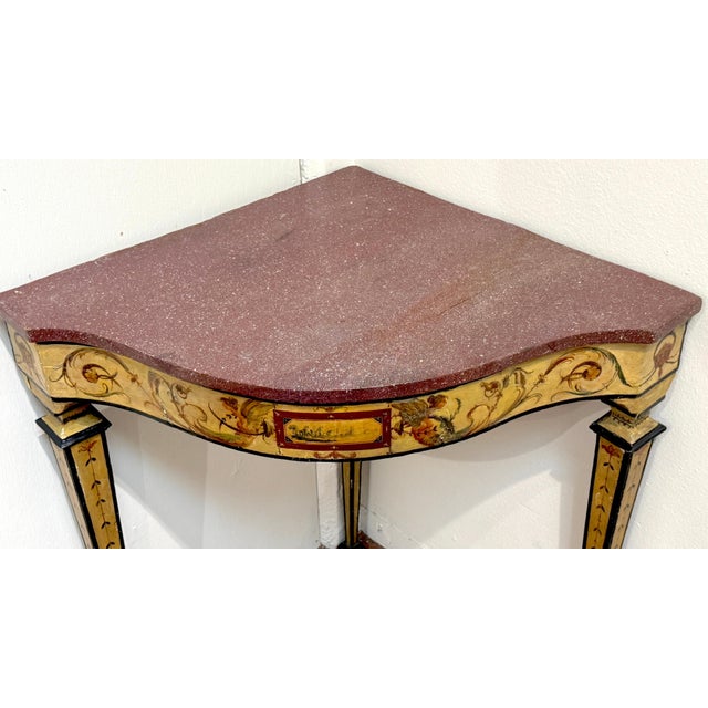 Pair 18th-Century Neapolitan Painted Corner Console Tables, Faux Porphyry Tops For Sale - Image 12 of 18