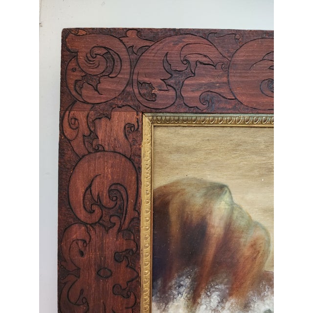19th Century Dramatic Seascape Painting in Antique Arts & Crafts Pyrography Frame For Sale - Image 13 of 18