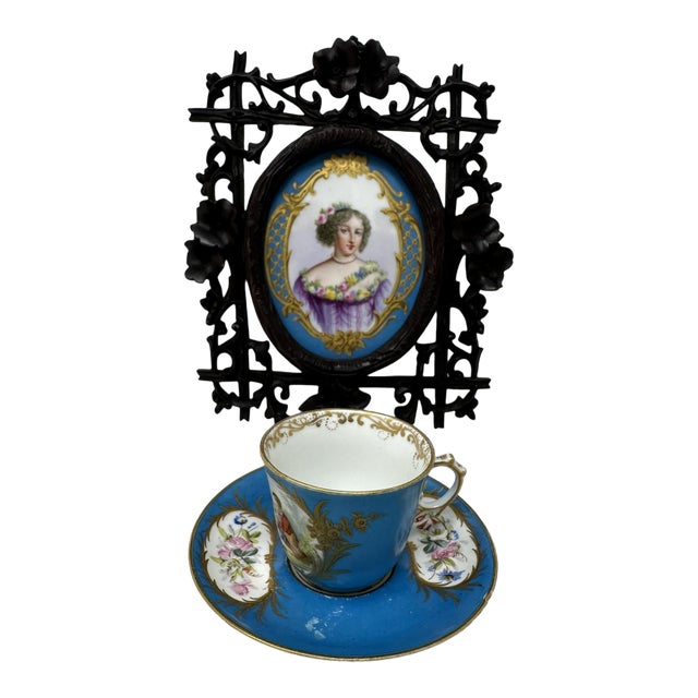 Antique French Sevres Celest Porcelain Framed Plaque Hand Painted Tea Coffee Cup For Sale
