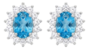 Vintage Blue Topaz Halo Stud Earrings | Dainty Cluster Gemstone 925 Silver Studs | December Birthstone Studs - A Pair