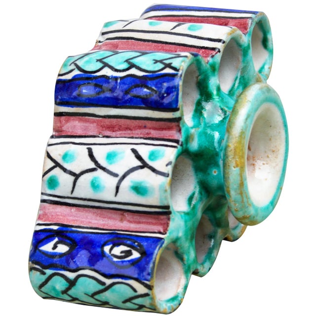 Handcrafted and glazed Moroccan ceramic inkwell with candleholder from Fez. Exhibits an ornate hand-painted Moorish...