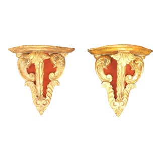 Italian Hand Carved Gilt Wood Wall Brackets, Pair For Sale