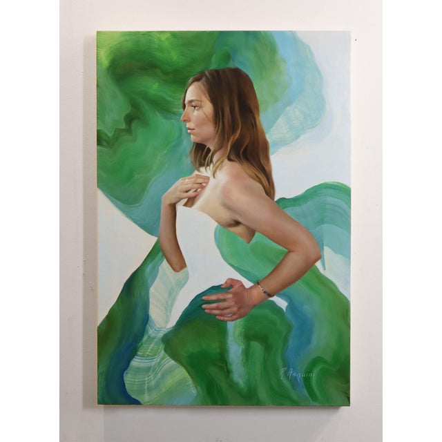 This artwork features a figure gracefully poised against a backdrop of flowing green and white forms that evoke the...