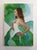 This artwork features a figure gracefully poised against a backdrop of flowing green and white forms that evoke the...