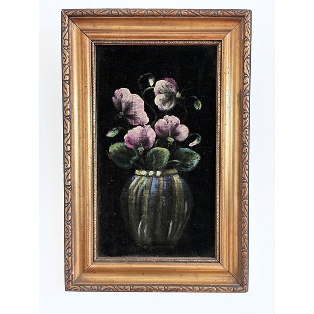 This vintage original set of two flower paintings is painted on velvet, showing flowers in glass vases against a deep...