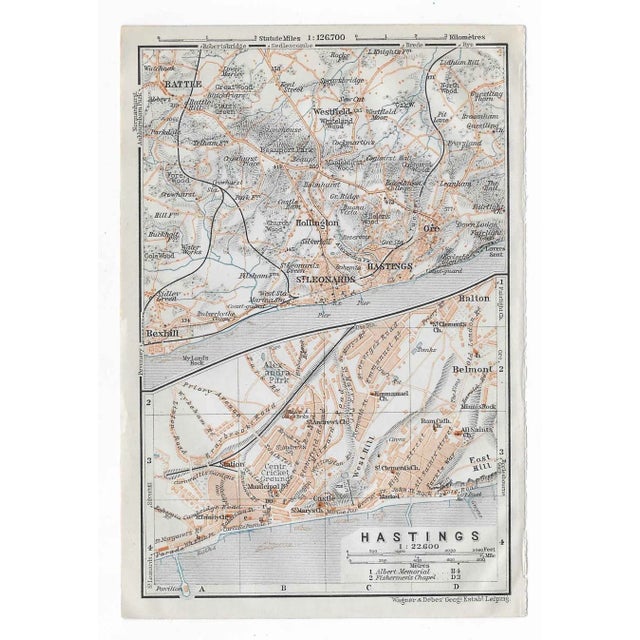 Vintage British map of the English coastal town of Hastings. Circa 1910