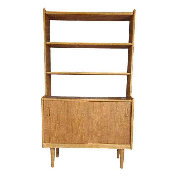 Vintage Danish Oak Bookcase with Sliding Doors, 1960s For Sale
