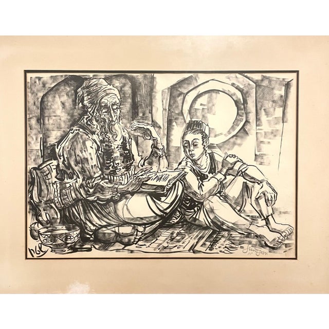 Vibrant lithograph by Israeli master JOSSI STERN. on paper mounted to board. Sefardic Rabbi studying with son Torah. 23 x...