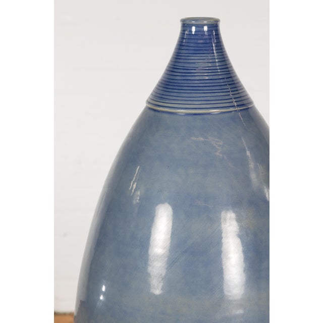 Artisan Made Prem Collection Tall Blue Glazed Vase with Striated Motifs For Sale - Image 12 of 12