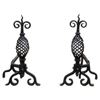 19th Century Gothic Wrought Iron Fireplace Andirons, Set of 2 For Sale