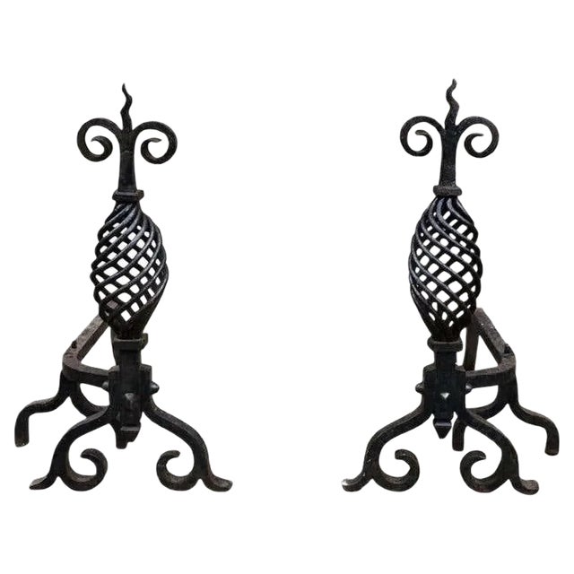19th Century Gothic Wrought Iron Fireplace Andirons, Set of 2 For Sale