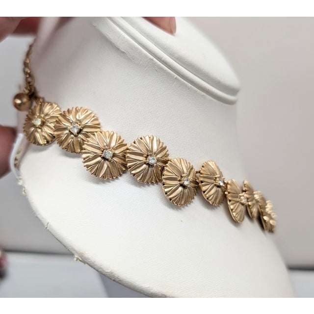 Vintage 1950s Signed Crown Trifari Goldtone "Bursts" With Clear Rhinestone Link Collar Necklace For Sale - Image 10 of 11