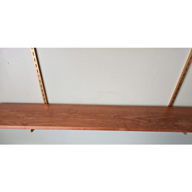 Vintage 1970s Three Tier Open Hardwood Wall Mount Shelves W Adjustable Bracket Brass Rails For Sale - Image 10 of 10