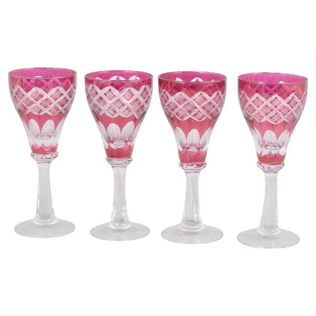 1940s Bohemian Pink Crystal Wine Glasses with Cut Decoration, 1940s, Set of 4 For Sale - Image 5 of 5