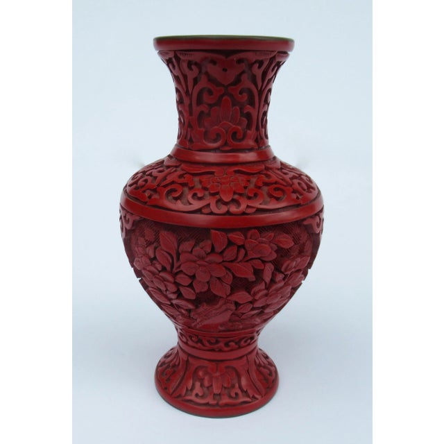 Chinese Vintage C.1950's Chinese Asian Carved Cinnabar With Interior Blue Enamel Vase For Sale - Image 3 of 12