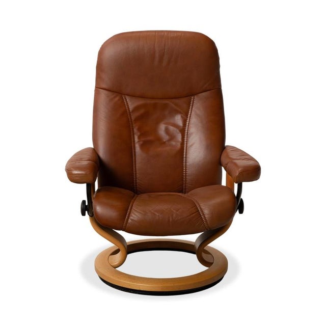 Brown Cognac Leather Consul Reclining Armchair with Footstool by Stressless For Sale - Image 12 of 17