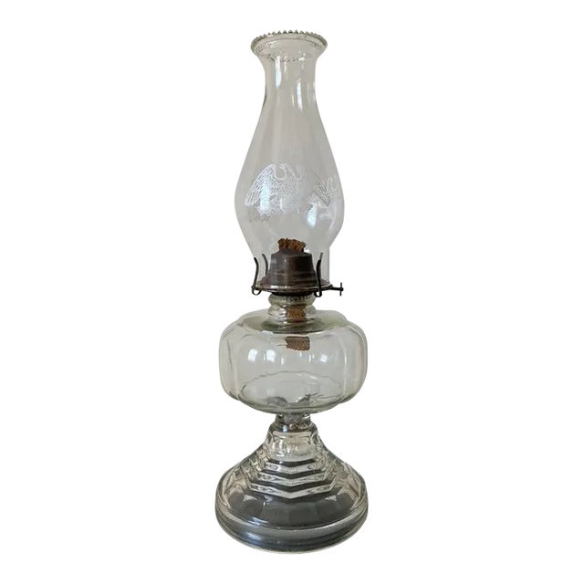 Antique Clear Glass Table Oil Lamp With American Eagle Design For Sale