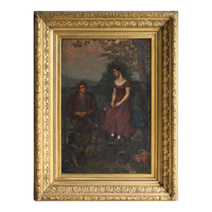 Antique Folk Art Portrait Depicting Romantic Scene, Original Oil Painting, 19Th Century