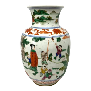 Chinese Famille Verte Porcelain Vase With Figural and Floral Decoration