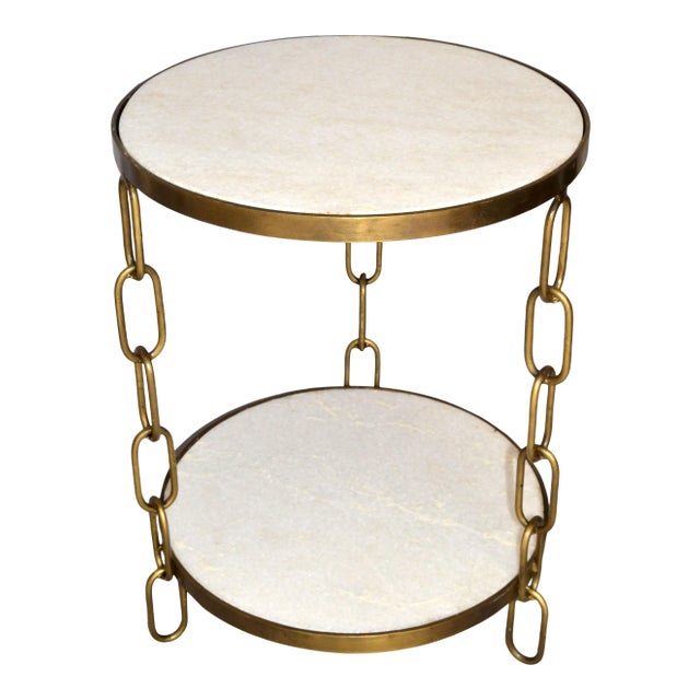 Mid-Century Modern Bronze & White Granite Two Tier Side Table Chain-Link Legs For Sale