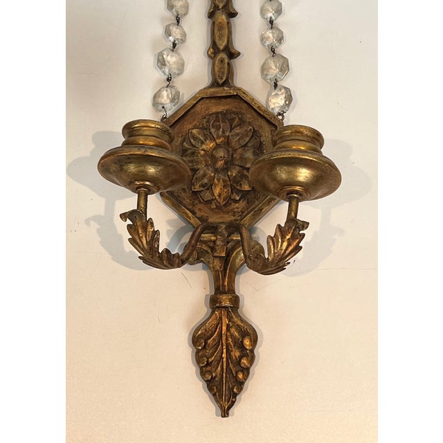 1940s Louis XVI Gilded Carved Wood Wall Sconces with Crys - a Pair For Sale - Image 9 of 12