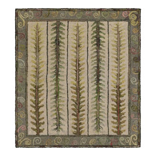 Antique Hooked Square Rug in Beige With Floral Medallion, From Rug & Kilim For Sale