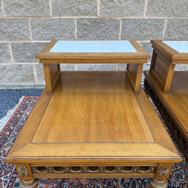 French Vintage Gordon's Fine Furniture French Louis XVI Walnut Step Back Side Tables With Italian Marble Inserts - A Pair For Sale - Image 3 of 18
