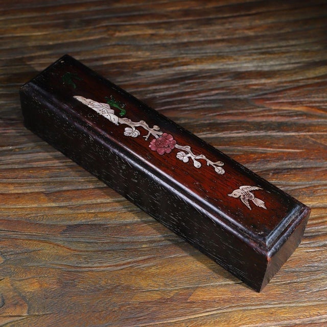Vintage Chinese Rosewood Slide Box With Mother of Pearl Inlay, Plum Blossom & Bird Motif For Sale - Image 9 of 9