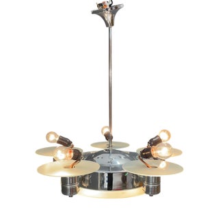 Vintage Art Deco Chrome Chandelier with Frosted Glass Disc Shades, Czech, 1930s For Sale