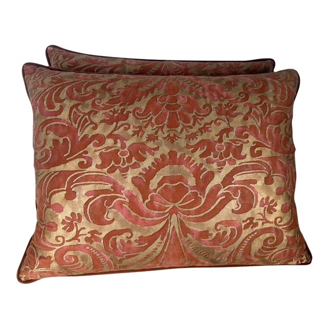 Pair of Authentic Fortuny Textile Pillows With Velvet Backs For Sale