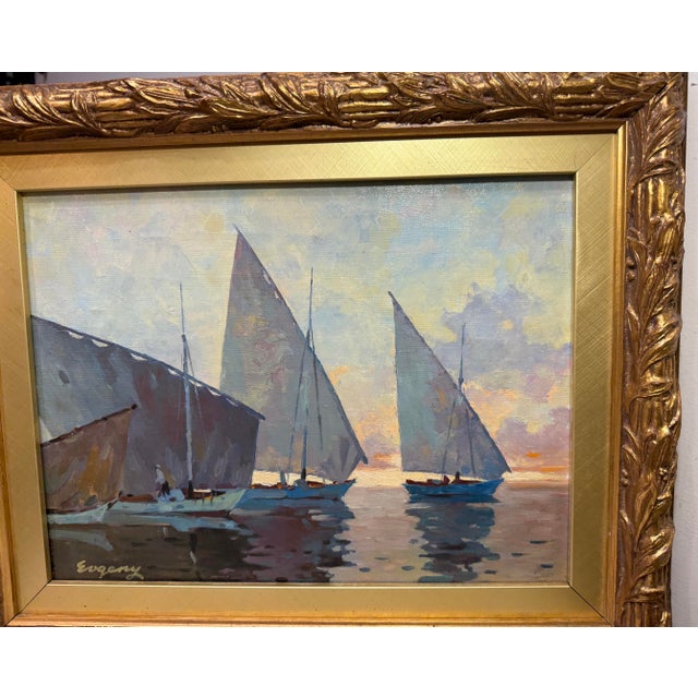 Vintage Original Evgeny Expressionism Nautical Sail Boat Oil Painting on Canvas For Sale - Image 9 of 14
