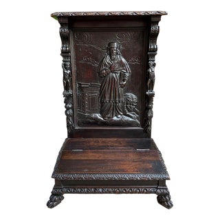 Antique French Prayer Kneeler St. Jerome Lion Catholic Chapel Carved Oak C1880 For Sale
