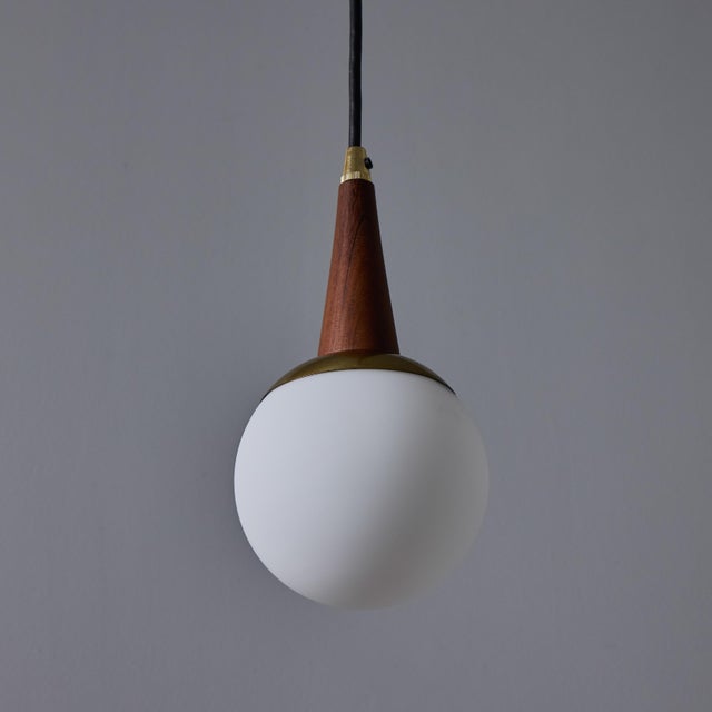 Mid-Century Modern 1950s Brass, Wood, and Opaline Glass Pendant Attributed to Stilnovo For Sale - Image 3 of 12