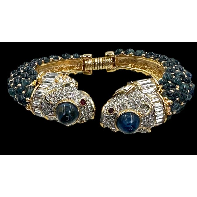 Art Deco 1990s Kenneth Jay Lane KJL Cuff Bracelet Crystal Blue Cabochons Hinged Opens Vintage For Sale - Image 3 of 10