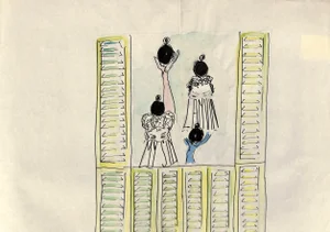 Lanvin Paris 4 Black Perfume Bottles with Lime Green Shutters C1950s Artwork