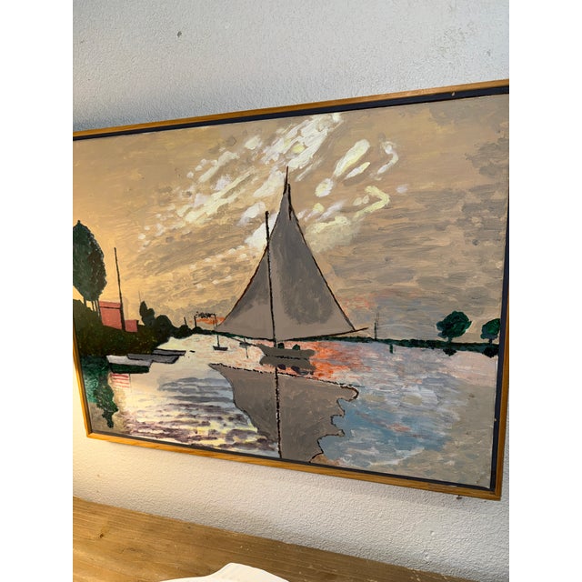 Vintage Sailboat Painting on Canvas. Absolute Charming Version of Monet Sailboat at Le Petit-Gennevilliers For Sale - Image 6 of 7