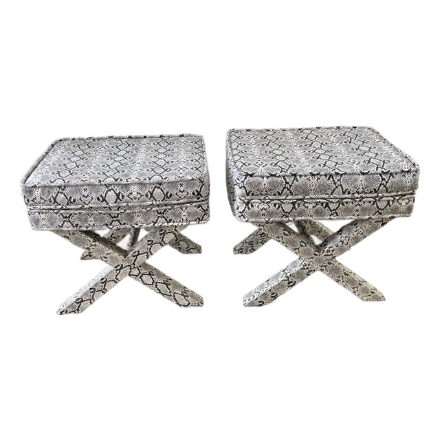Pair of Faux Python Upholstered X-Base Benches For Sale