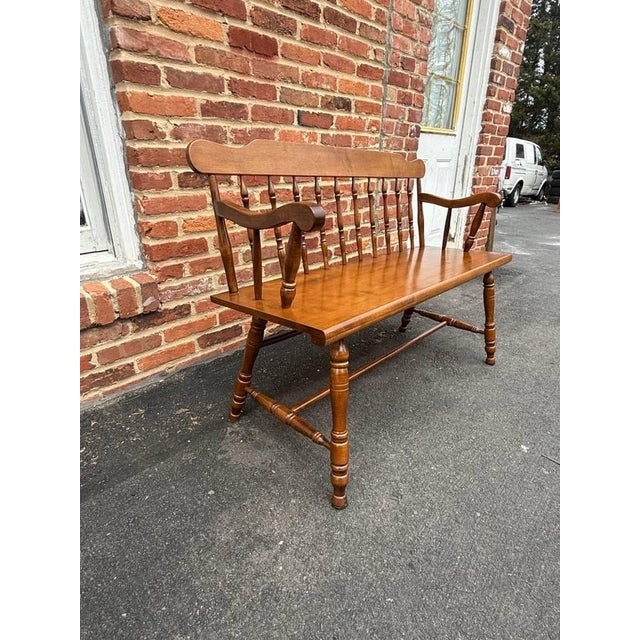 Farmhouse Vintage Early American Colonial Windsor Style Spindle Back Bench For Sale - Image 3 of 15