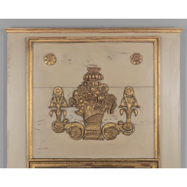French Louis XVI Style Trumeau Mirror, Painted Pine Frame, Gilded Trim, 1900s For Sale - Image 3 of 11