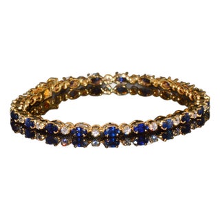 Certified Natural 7ct Blue Sapphire Diamond 18k Gold Tennis Stacking Bracelet For Sale