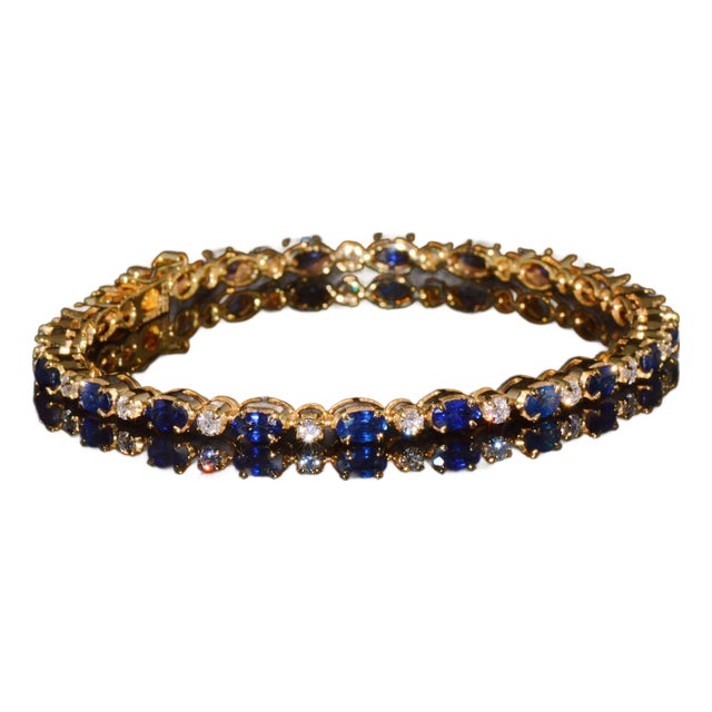 Certified Natural 7ct Blue Sapphire Diamond 18k Gold Tennis Stacking Bracelet For Sale