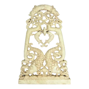 Old Chinese Solid Soapstone Hand Carved Sculpture With Moving Lucky Fish & Dragons