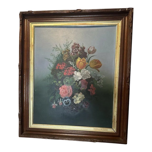 Antique Victorian Floral Still Life Oil Painting in a Carved Walnut Frame For Sale