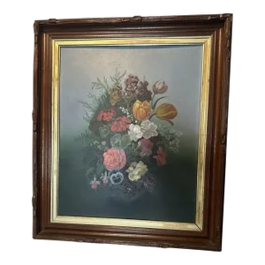 Antique Victorian Floral Still Life Oil Painting in a Carved Walnut Frame